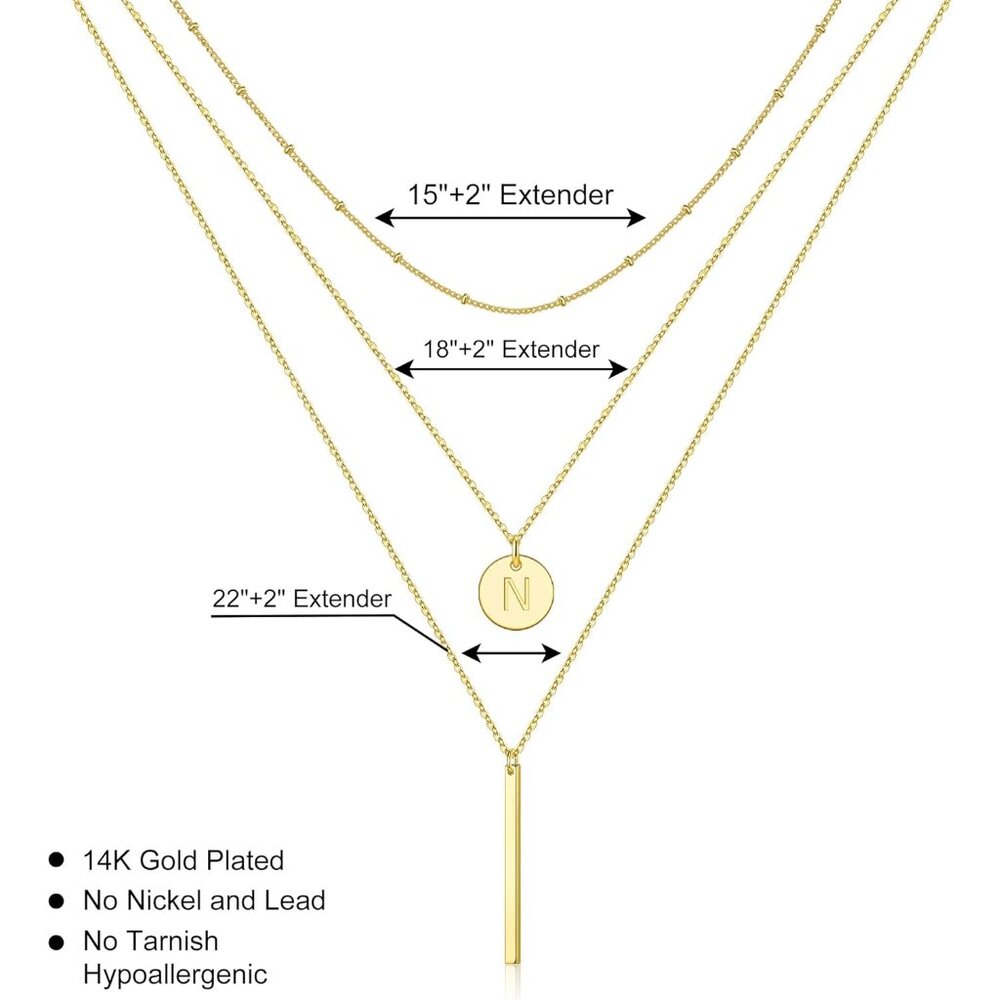 Initial Layered Necklaces for Women, 14K-Gold-Plated Coin Letter Necklace Bar St - Picture 5 of 7
